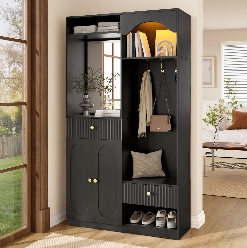 Garderoba da ingresso 100x35x180 cm con specchio; seduta e LED; MDF; nero