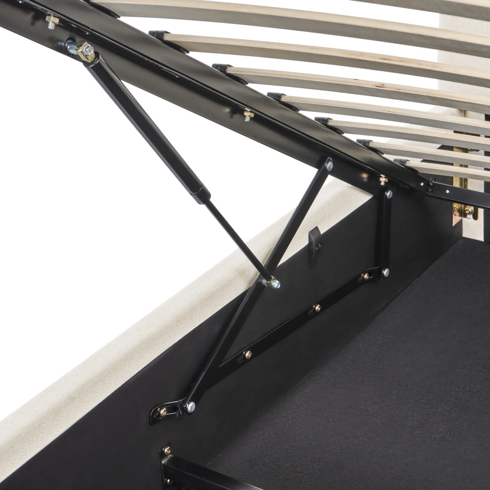 Letto rivestito in tessuto bianco sporco 180 x 200 cm, testiera trapuntata con vano portaoggetti