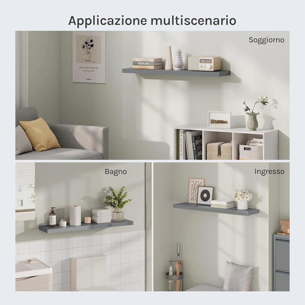Mensola da Muro, Set di 2, Scaffale Sospeso da Parete Libreria Piccola per Soggiorno Cameretta Porta CD DVD, Pannello MDF 100x22,9x3,8cm, Grigio Lucido, RG9482gr-2
