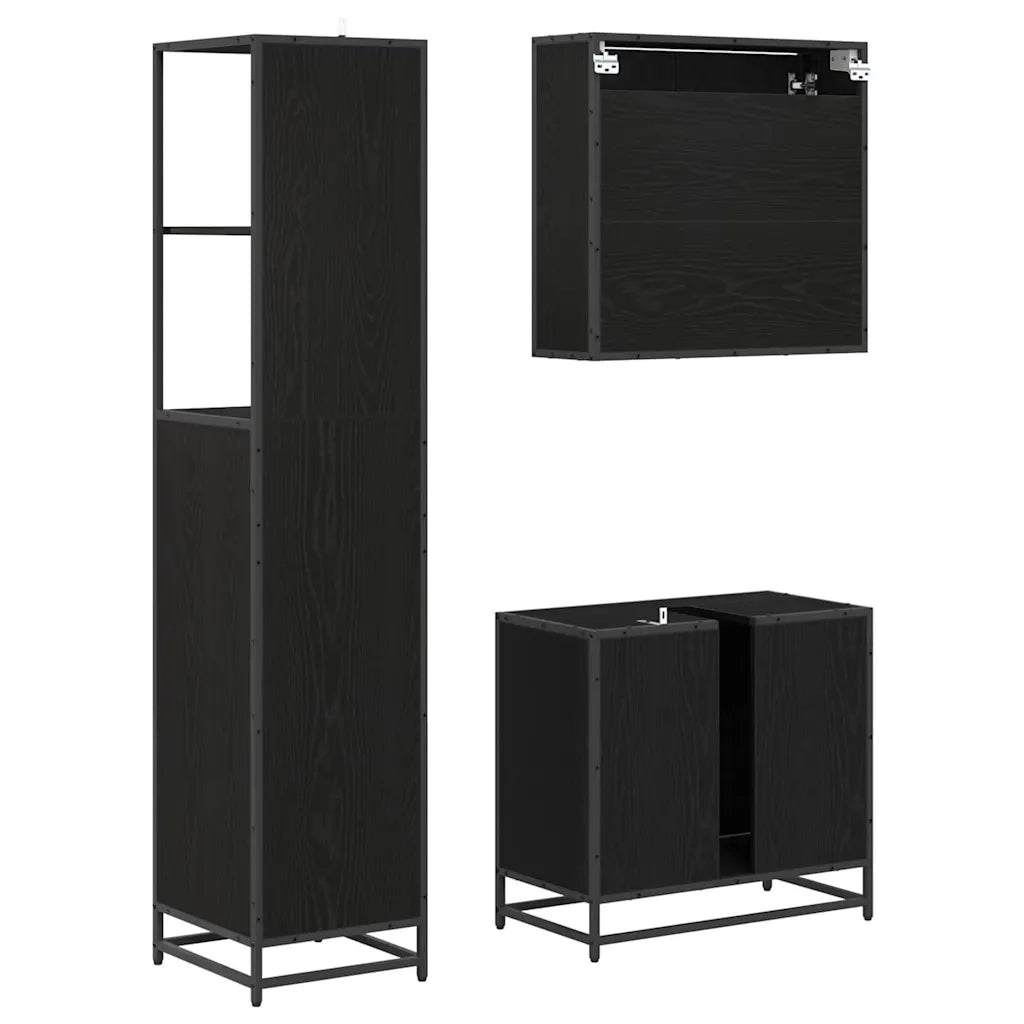 Set di mobili per il Bagno | Armadio da bagno 3 pz Rovere Nero Legno multistrato