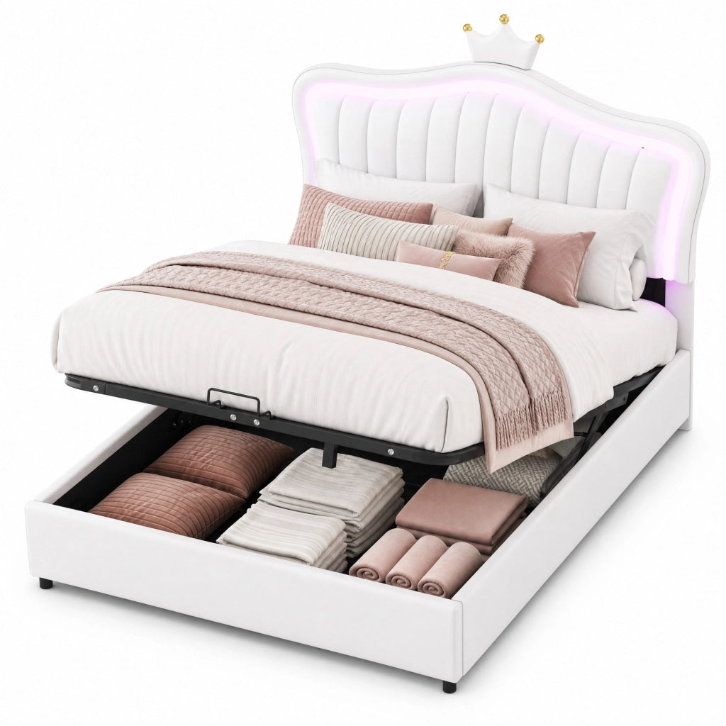 Letto imbottito per bambini 140x200 cm con contenitore; LED e testiera a conchiglia in PU bianco