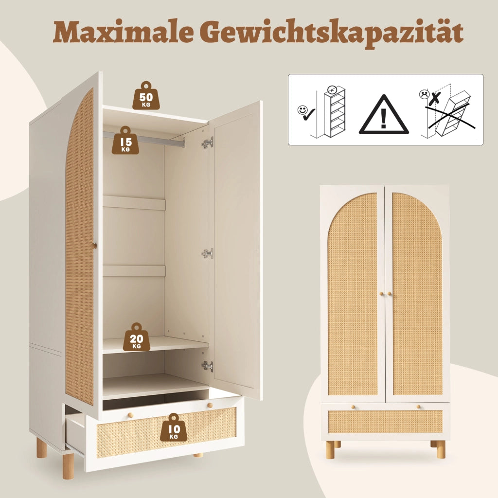 ARMADIO 180.5x85.5x52 cm Bianco con rattan, 2 porte e cassetto