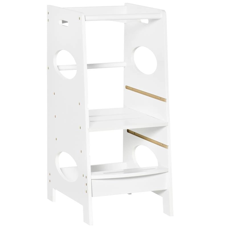TORRE MONTESSORIANA PER BAMBINI, LEARNING TOWER CON ALTEZZA REGOLABILE IN MDF, 40X50X90CM, BIANCO