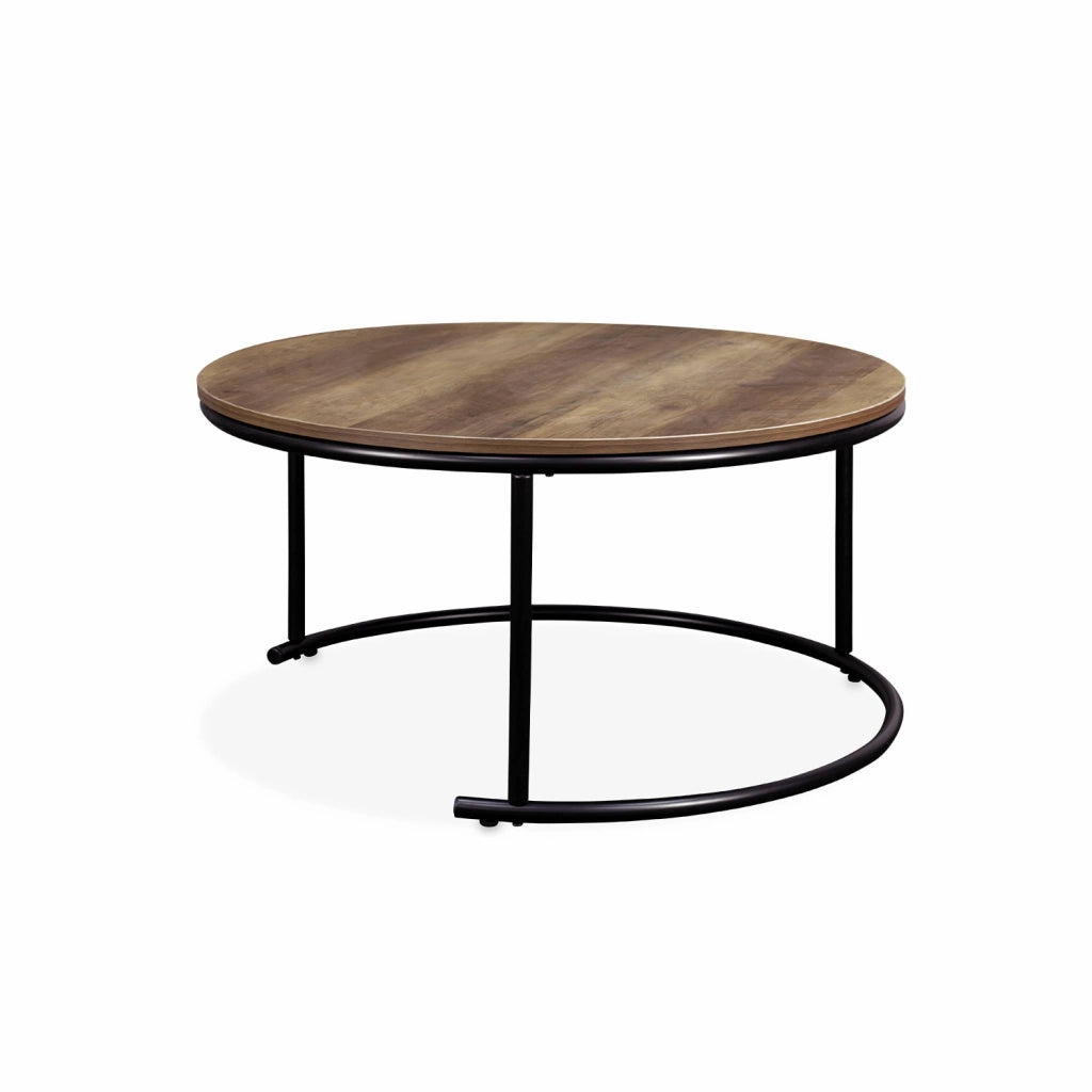 Set di 2 tavolini rotondi in metallo e legno, marrone naturale