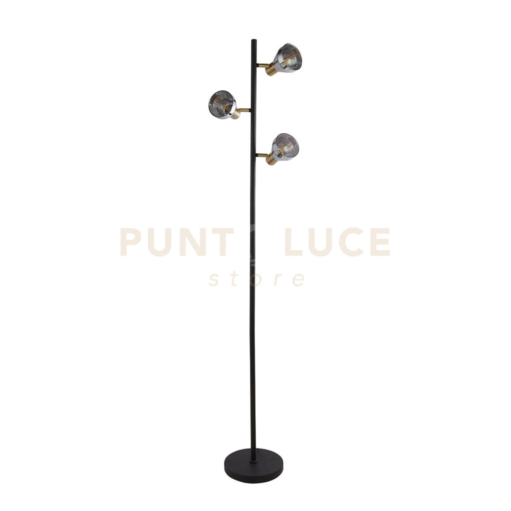 Lampada da terra Westminster 3Lt - Nero, ottone satinato e vetro fumé