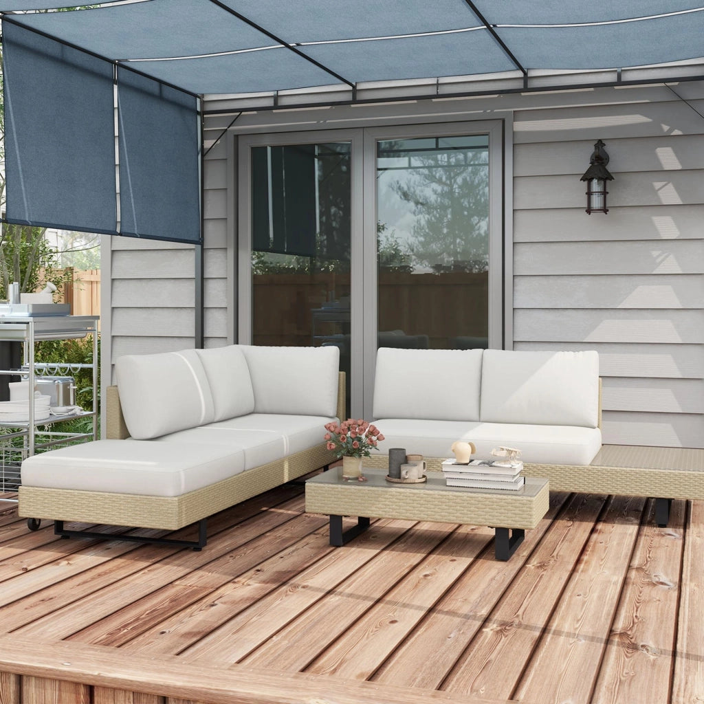 Divano Angolare 5 Posti con Tavolino ¨C Zephmum ¨C Beige, Polyrattan, Acciaio