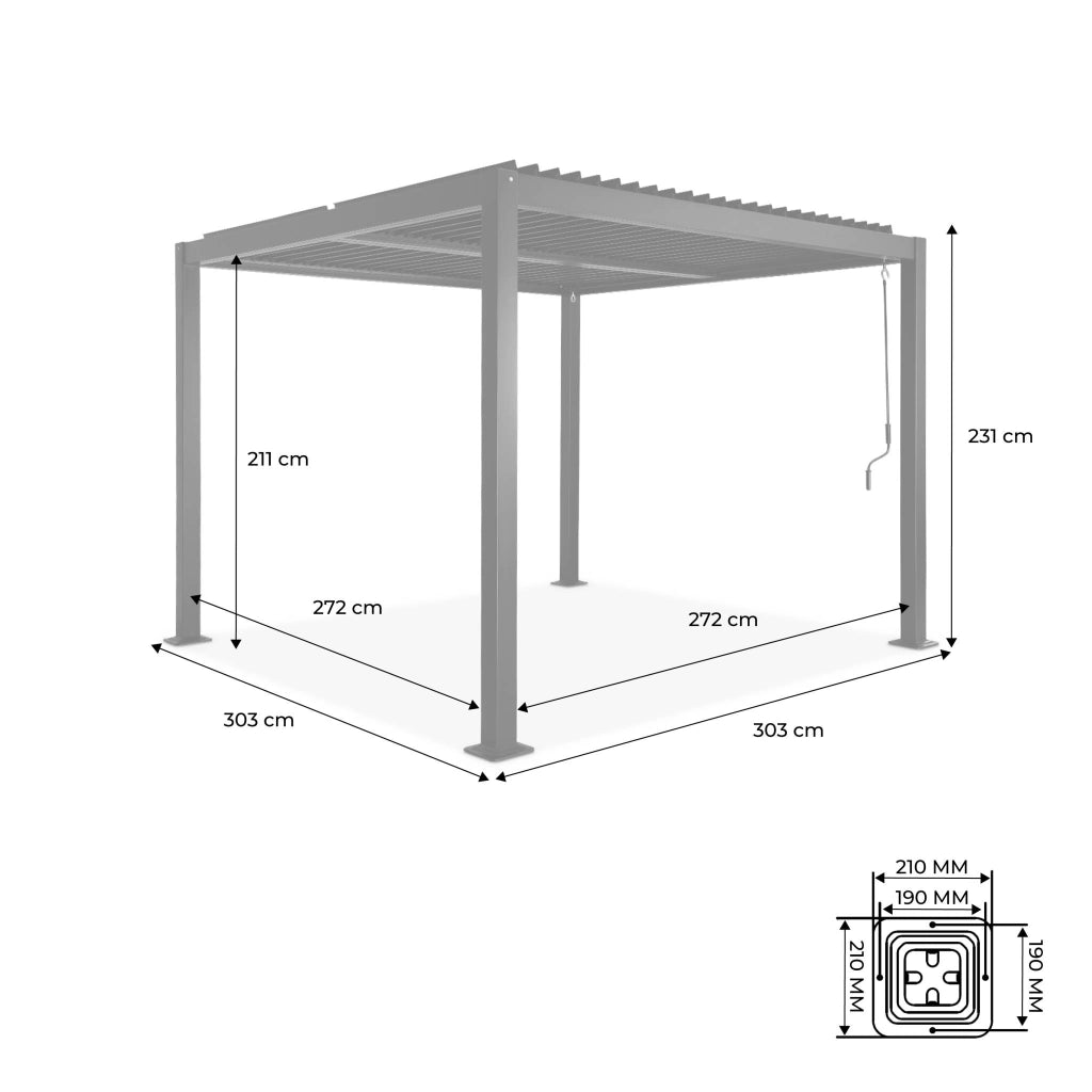 Pergola bioclimatica 3x3m in alluminio e acciaio, lamelle orientabili,