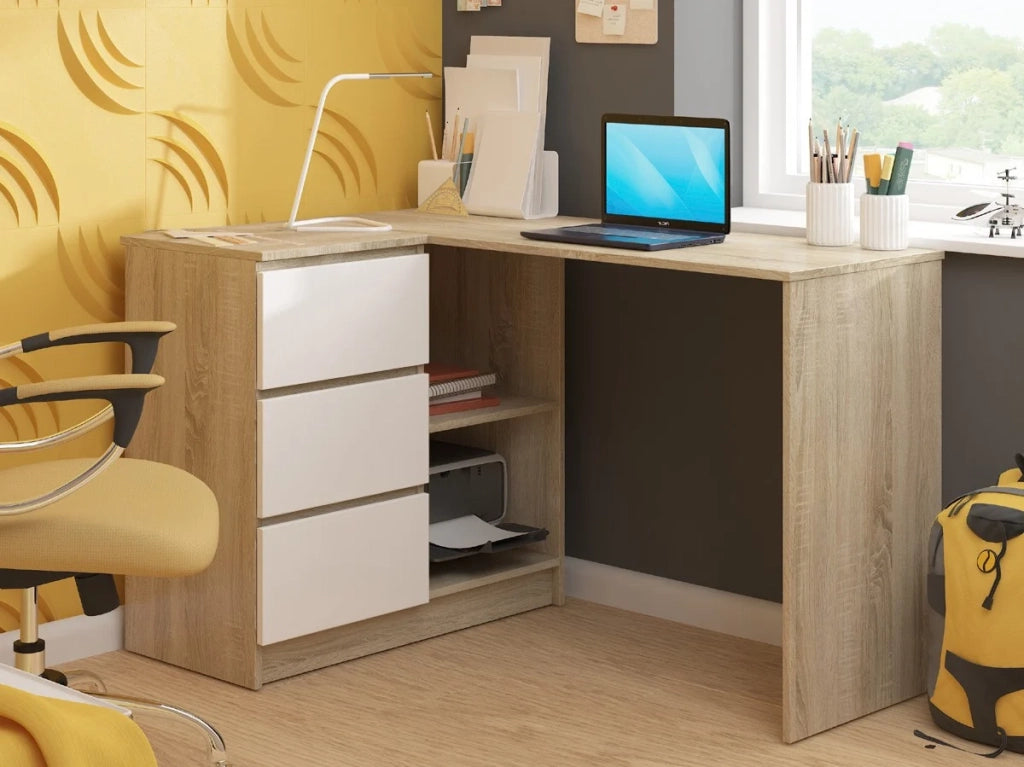 Scrivania angolare AKORD B16 Sonoma Quercia 124 cm 3 cassetti inserto frontale Bianco 124x85x77 cm Modello a sinistra