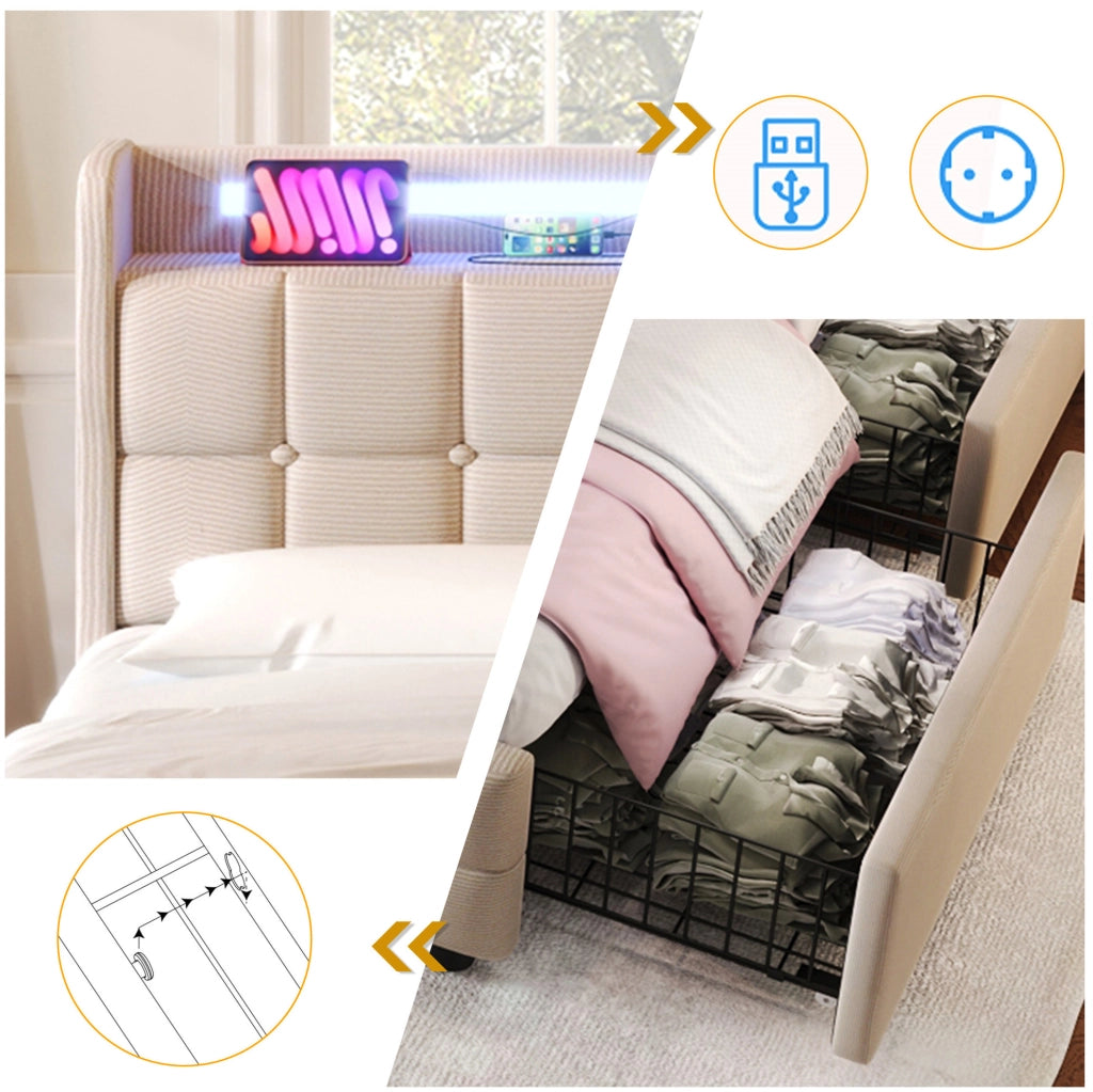Letto matrimoniale imbottito 180x200 cm con USB; LED e 4 cassetti; beige
