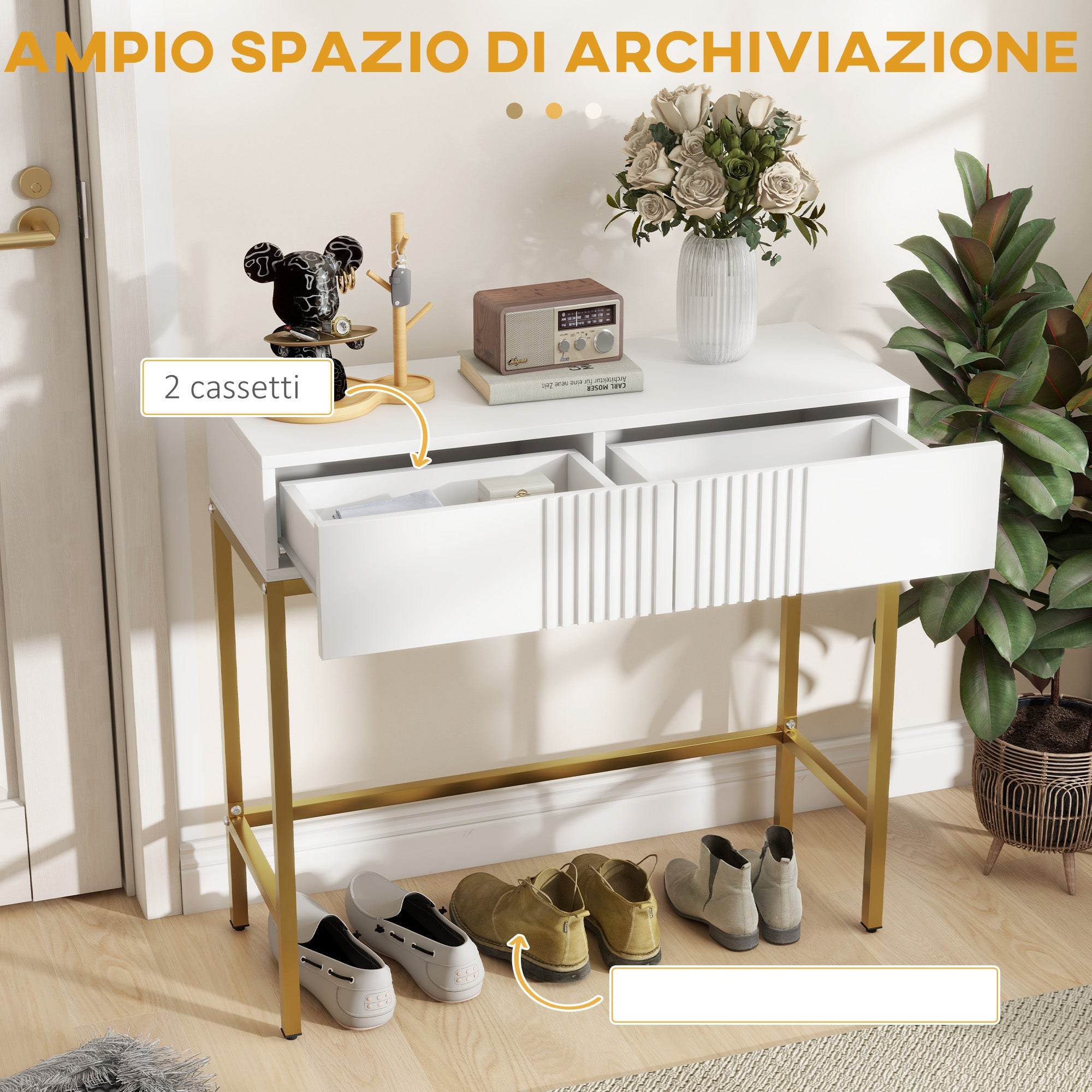 Consolle da Ingresso Moderna 2 Cassetti 80x31,5x75 cm in Truciolato e Acciaio Bianco e Oro