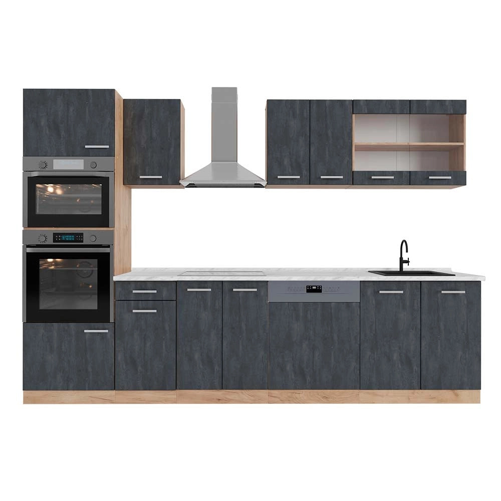 Cucina componibile R-Line Calce nera/Rovere dorato 300 cm PL Marmo Vicco