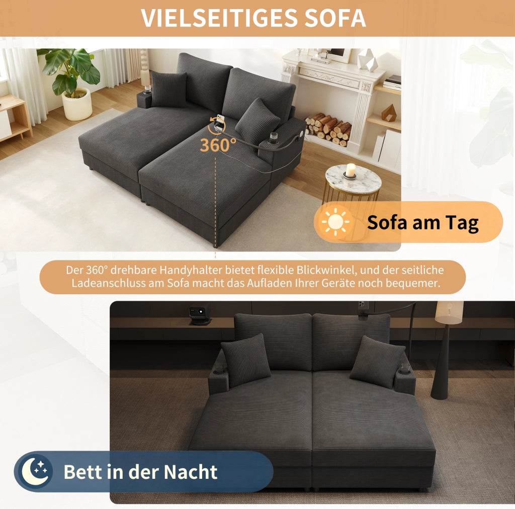 Divano 2 posti 163x140x82 cm in velluto a coste con USB; USB-C e portabicchieri grigio