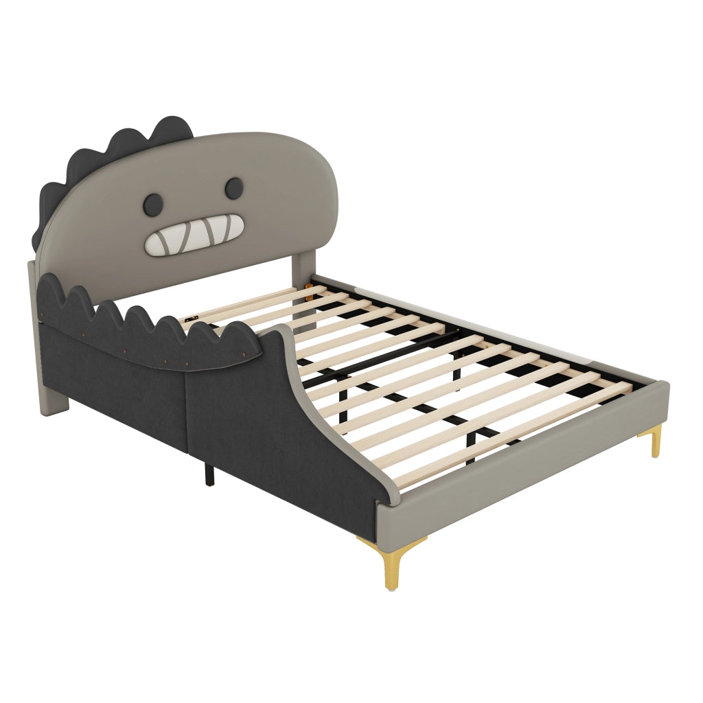 Letto basso per bambini grigio con testiera a forma di dinosauro in PU 140x200 cm