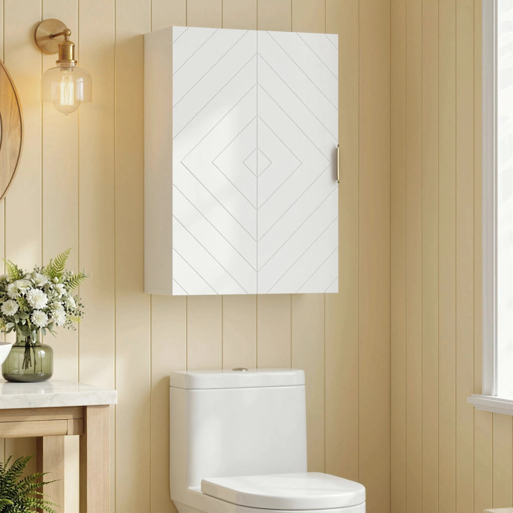 g Armadietto Bagno a Muro con Anta Decorata. Maniglia Dorata e Ripiani Regolabili. 40x15x60 cm. Bianco