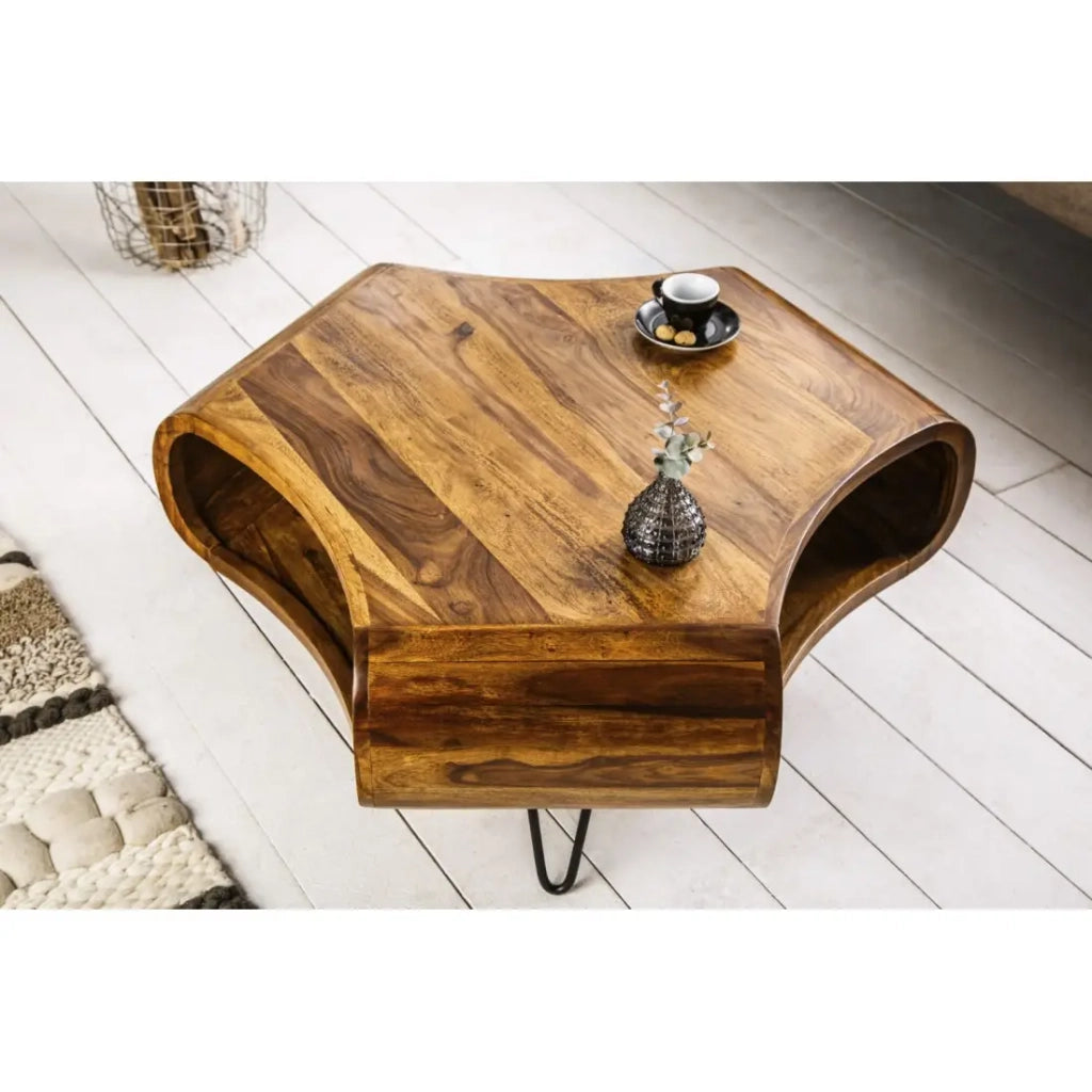 Tavolino basso NERA 90 cm in legno massiccio di Sheesham con nicchia e piedi in metallo nero - stile retro industriale