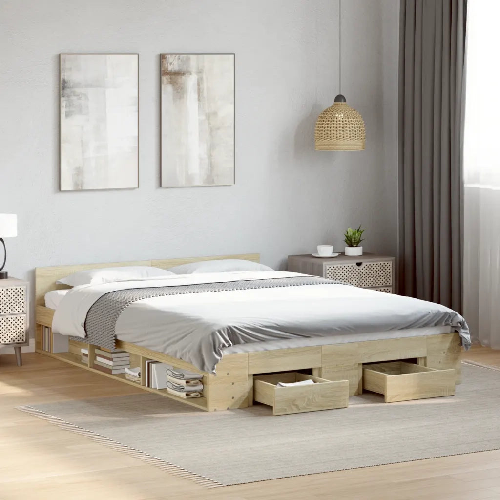 Letto matrimoniale | Letto per adulti | Giroletto Cassetti Rovere Sonoma 160x200 cm Legno Multistrato