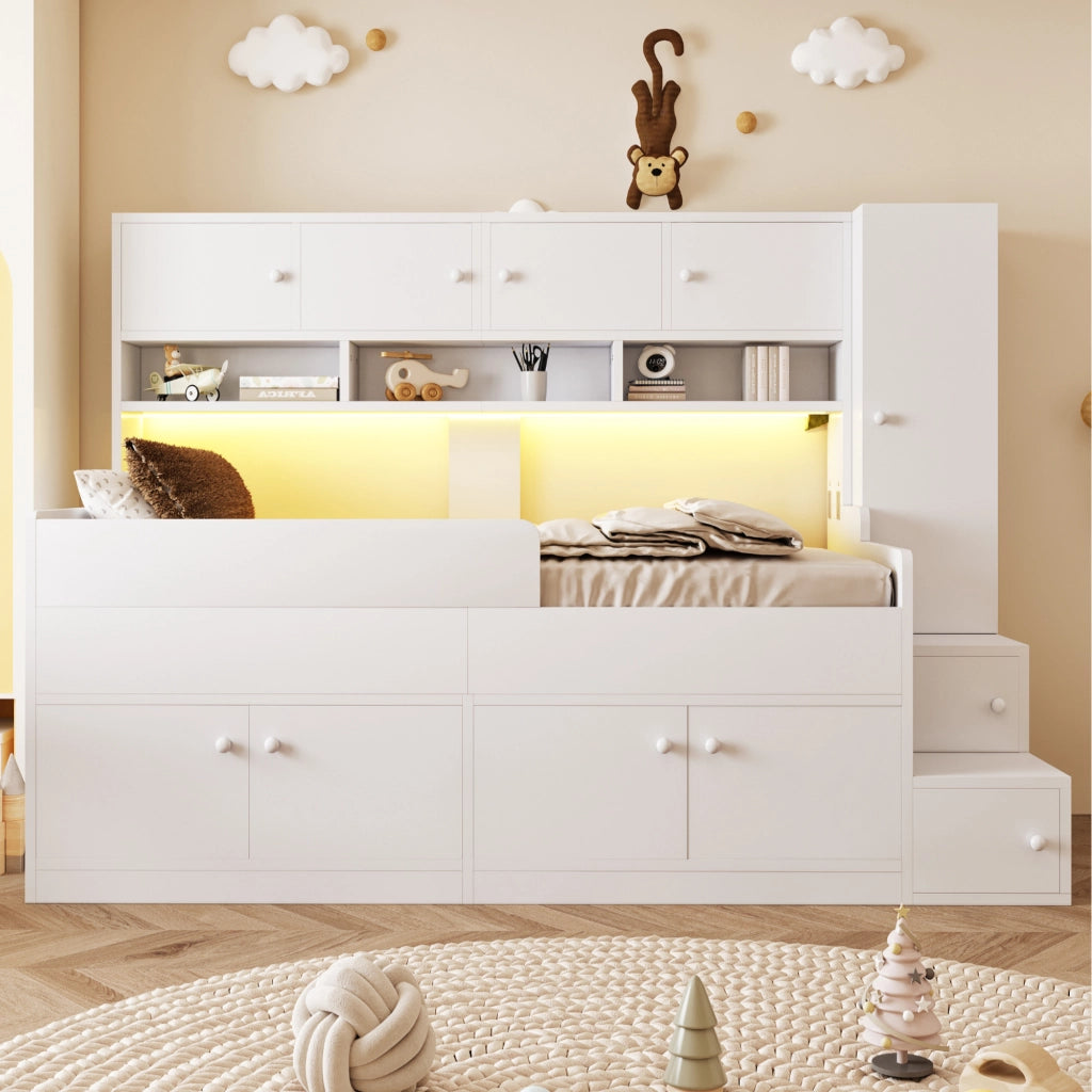 Letto a soppalco 90 × 200 cm con scala contenitore armadio LED e barriera in legno bianco