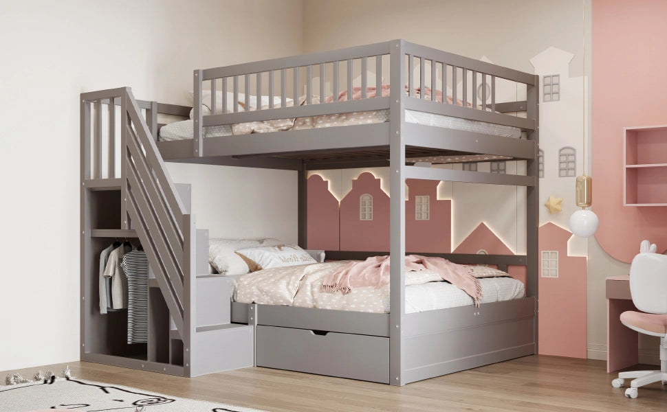 DESMIU Letto a castello 4 posti con scala contenitore e cassetto, 140 × 200 cm, senza materasso, legno grigio