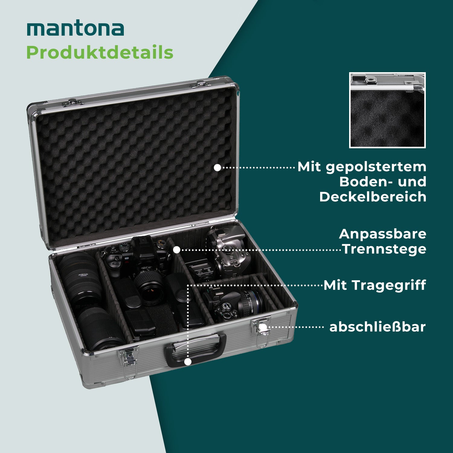 Mantona Valigetta fotografica in alluminio, custodia per fotocamera e obiettivi, con chiusura a chiave 5 divisori regolabili e imbottitura in schiuma