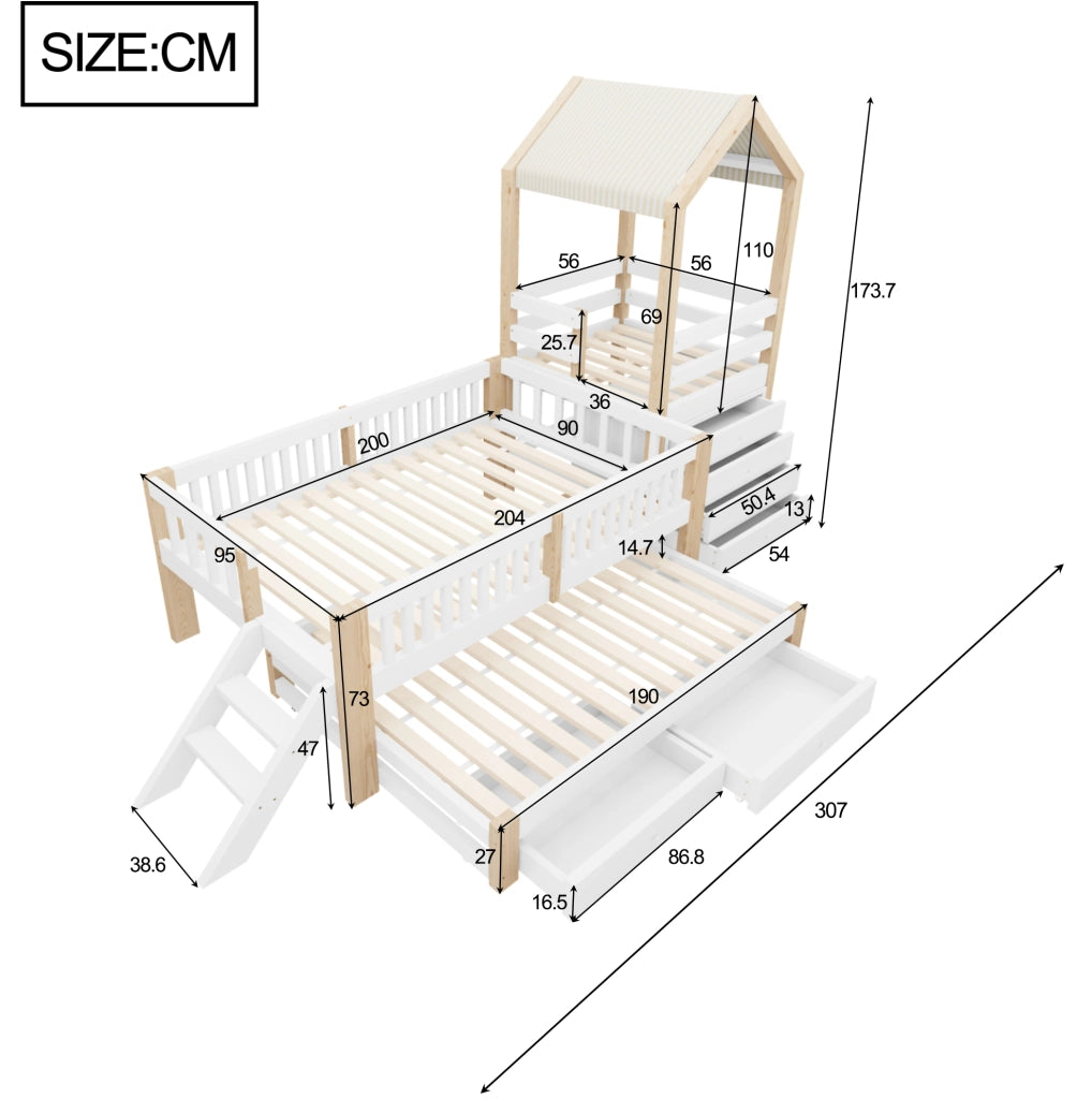 Letto a soppalco per bambini 90x200 con letto estraibile, cassetti e scala