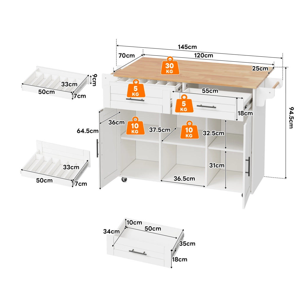 Carrello cucina mobile con piano allungabile 145x70x94;5 cm; bianco in MDF