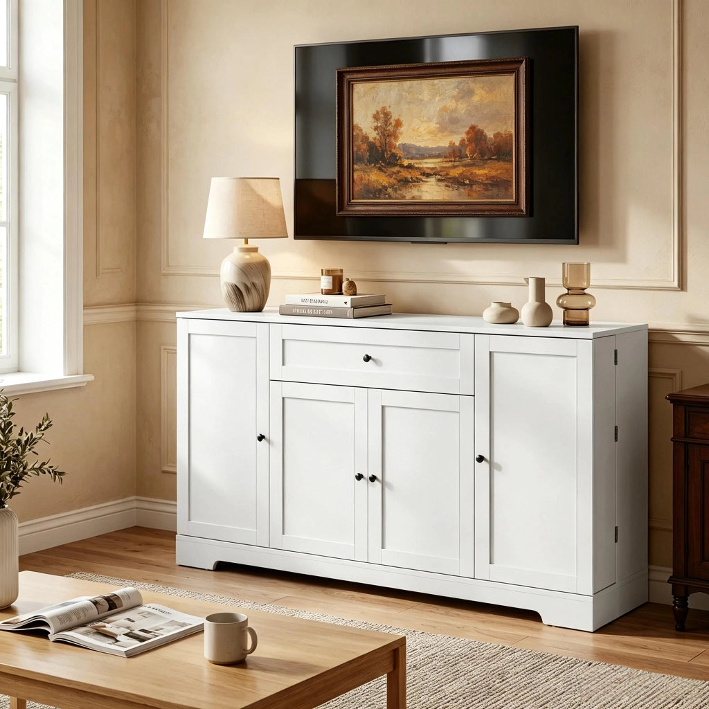 Credenza e madia con cassetto, 3 ante e ripiani regolabili, per cucina e soggiorno, in MDF, bianco, 140 × 40 × 80 cm