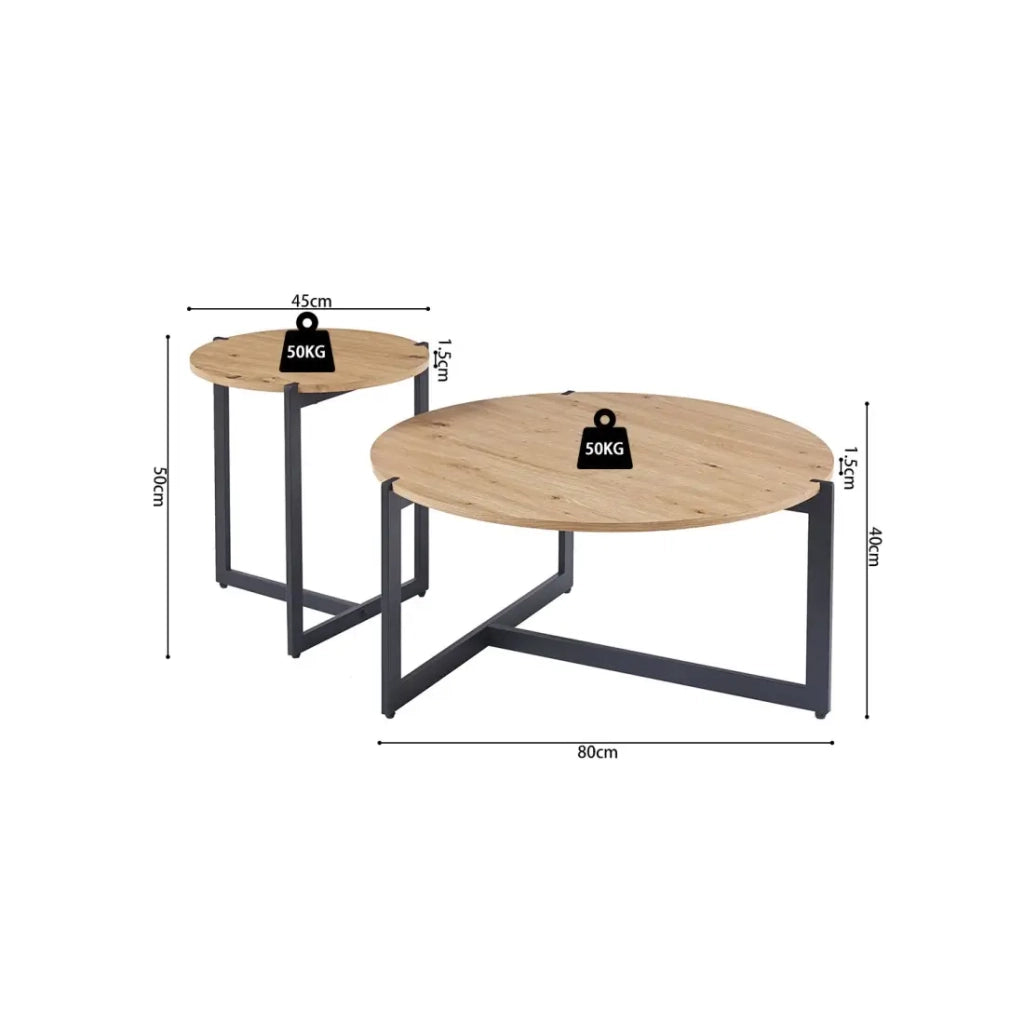 Set di due tavolini rotondi in stile industriale collezione BIANCA - Colore rovere chiaro e nero.