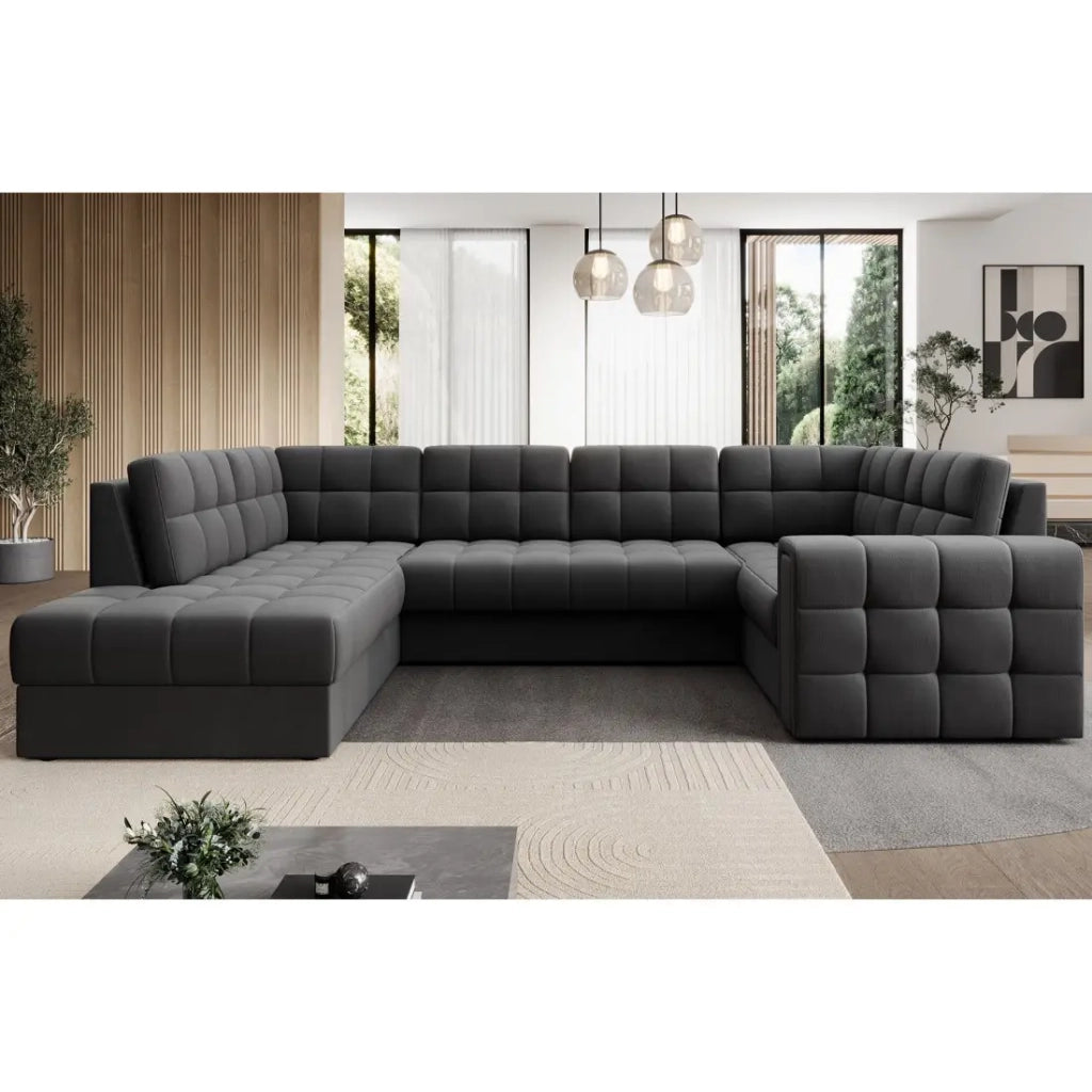 Divano angolare convertibile MONTEZA grigio scuro sinistro 299 cm con baule e letto