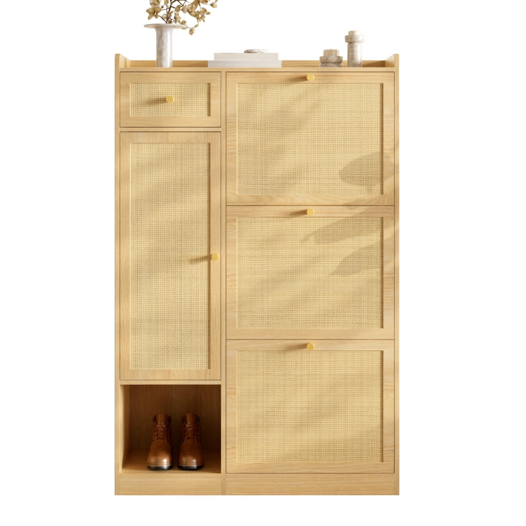 Scarpiera slim in stile rattan con 3 ante ribaltabili, cassetto e vano laterale, 80,5 ¡Á 25 ¡Á 125 cm, colore naturale