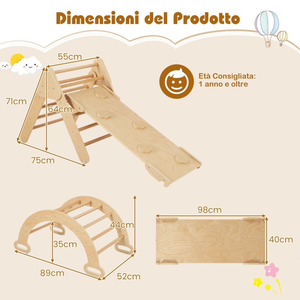 Set 3 giocattoli da arrampicata con triangolo arco salita e cuscino imbottito, Set di arrampicata Naturale-Arrampicate e scivoli