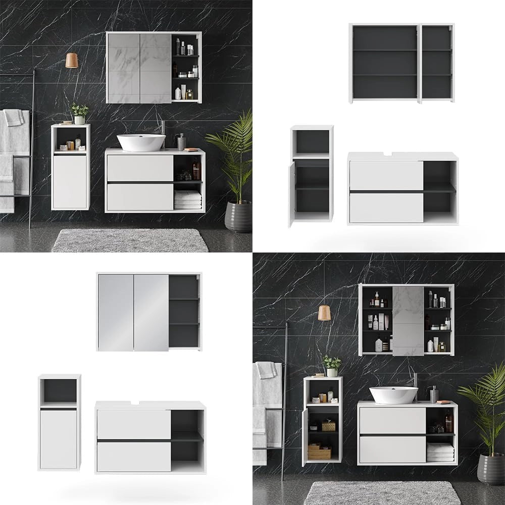 Set mobili bagno Viola, Bianco, 100 cm, composto da mobile sottolavabo, specchiera e mobile medio