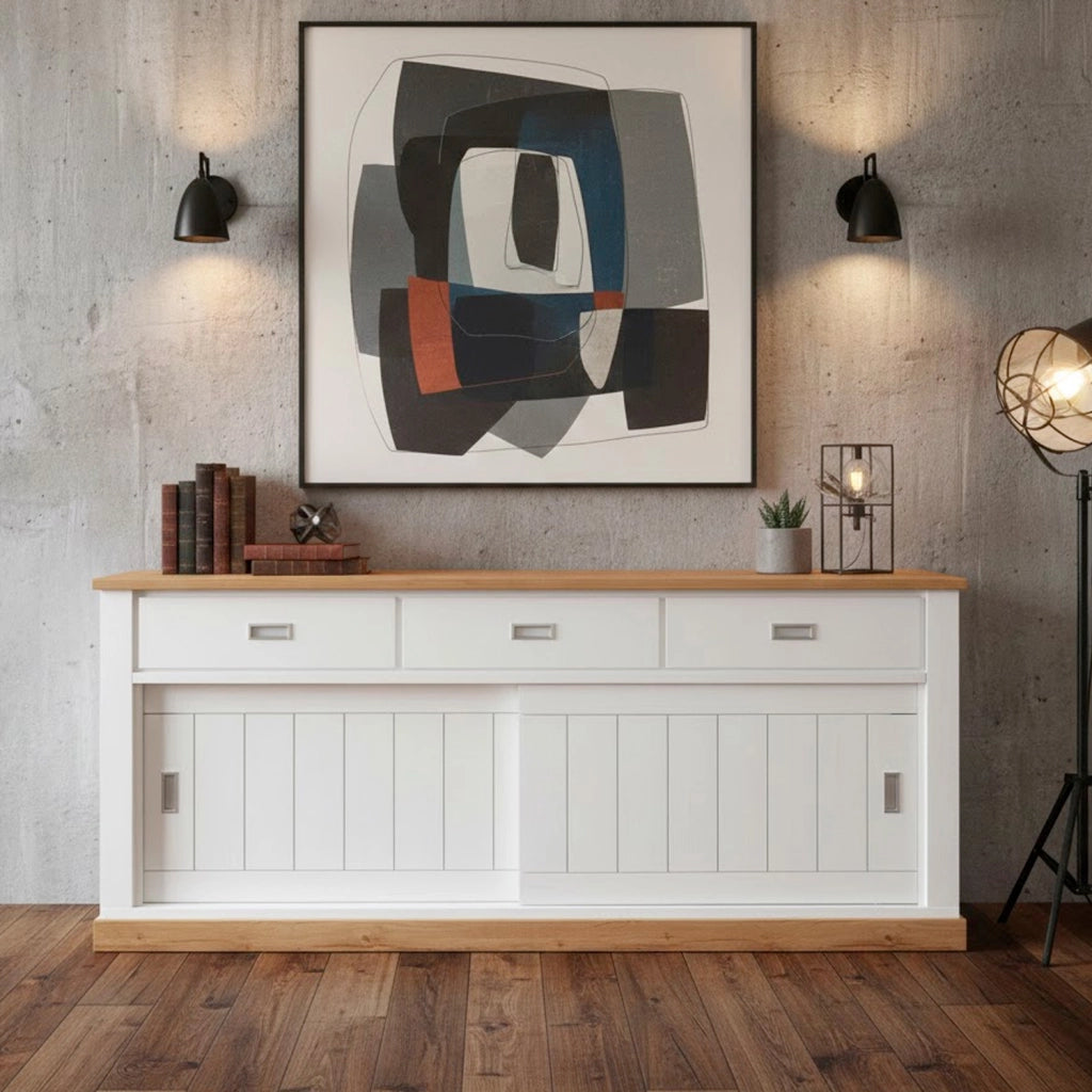 Credenza Soggiorno 3 Cassetti 2 Ante Scorrevoli 4 Ripiani Interni Mobile Madia Buffet Dispensa Cucina Zona Living Design Classico Moderno 220 x 50 x 95 Cm Bianco E Rovere