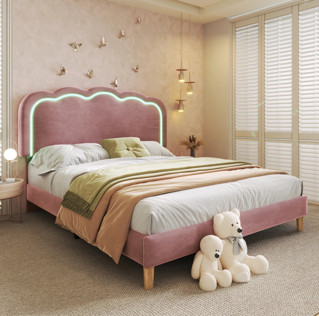 Letto imbottito matrimoniale 140x200 cm con testiera LED regolabile rosa in velluto