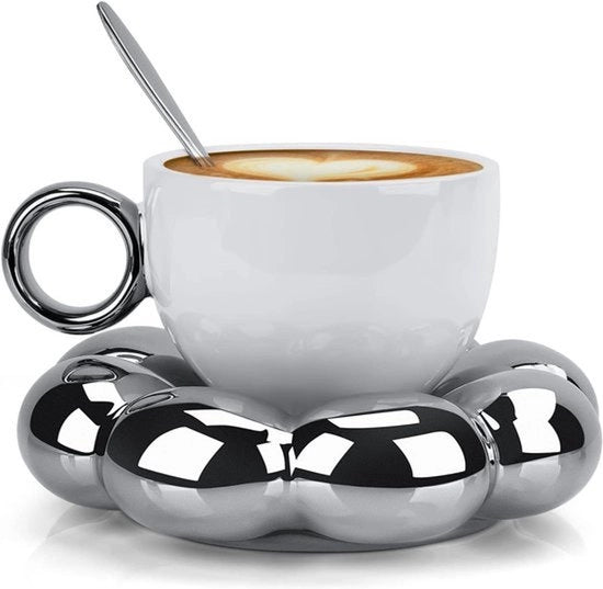 Set di Ciotole per Caffè in Porcellana - Maniglia in Argento - 7 oz 200ml - Creativo - Ufficio Casa.