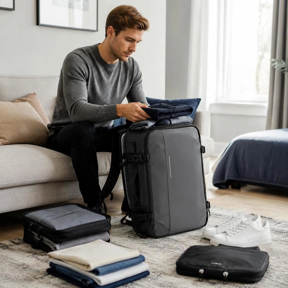 Vacuum Travel Backpack, 65 L, Expandable Vacuum Compression Travel Backpack With Pump, With TSA-approved Lock, USB Charging Port, Water-resistant Carry-on Luggage, For Business, Grey
