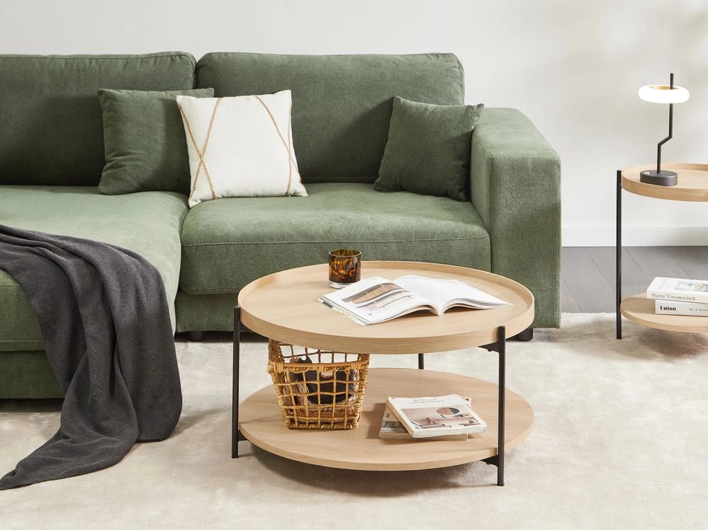 Tavolino con struttura in metallo e 1 ripiano rotondo in legno chiaro stile moderno
