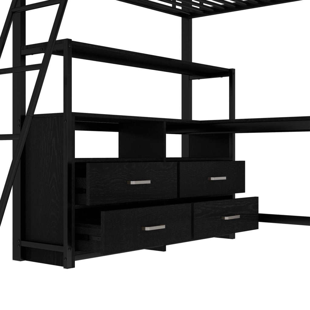 Letto a soppalco 140x200 cm con scrivania a L e cassetti; nero