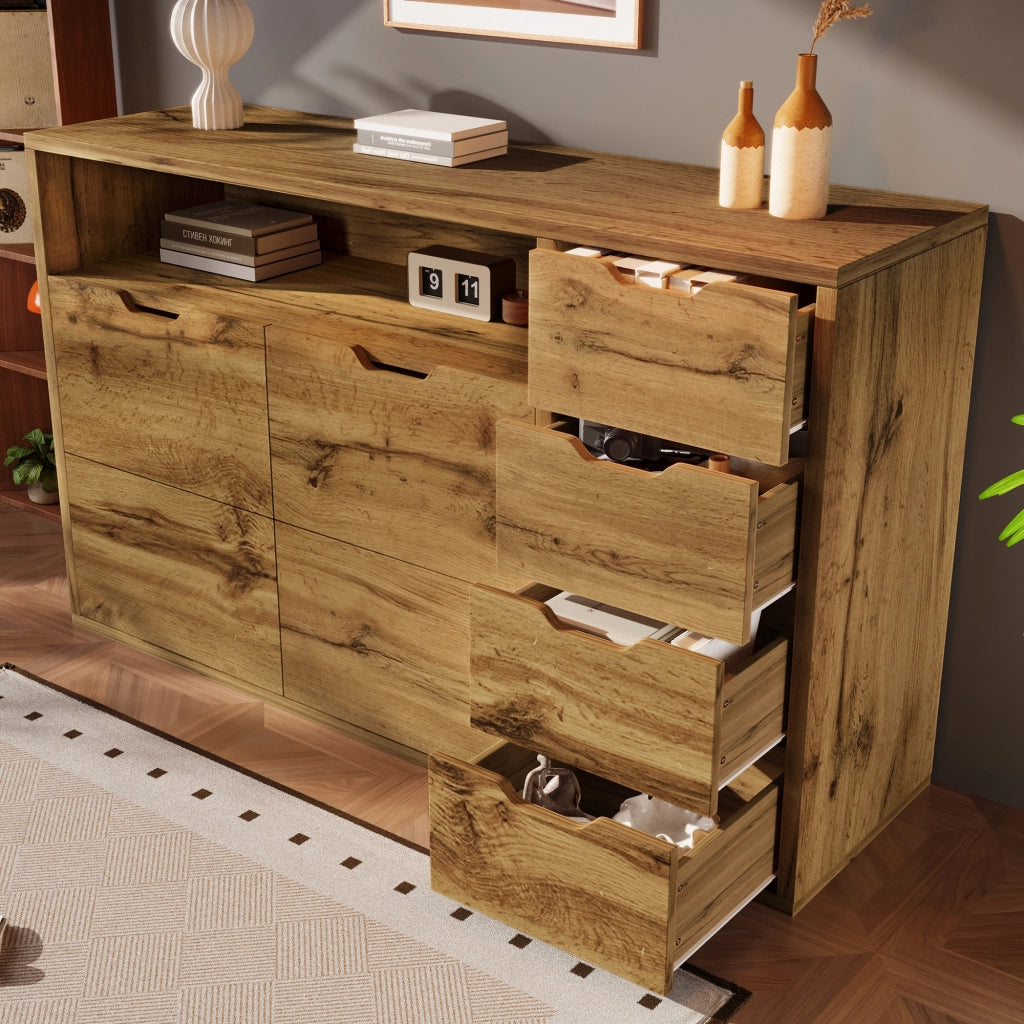 OKWISH Credenza con 2 Ante, 4 Cassetti e 1 Vano Aperto, Ripiani Regolabili, per Soggiorno 150 x 40 x 90 cm