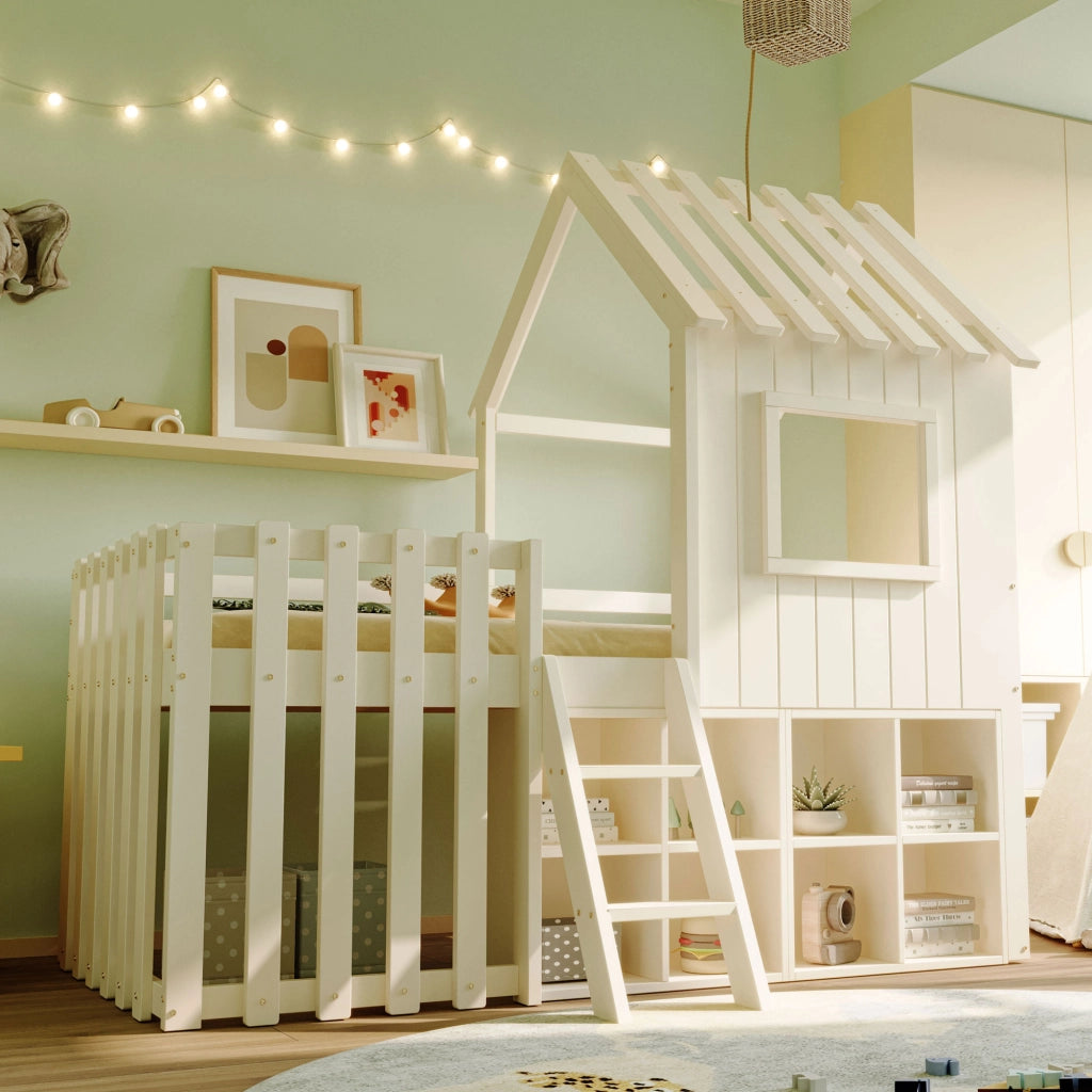 LETTO A SOPPALCO 90x200 cm in legno massello bianco con contenitore
