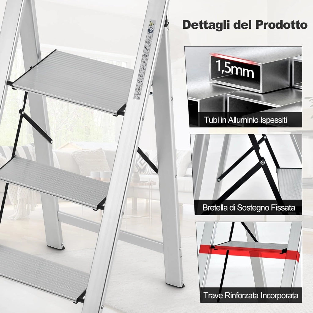 Scala Pieghevole in Alluminio a 3 Gradini, Scaletta Salvaspazio con Corrimano, Ampi Pedali e Piedini Antiscivolo, Telaio in Alluminio Robusto e Leggero, Portata 150kg