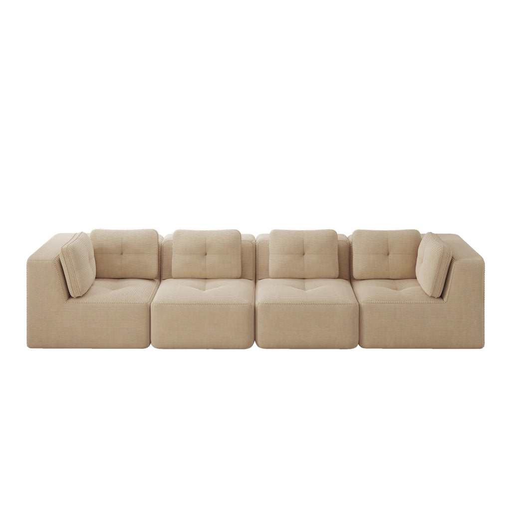 Divano Angolare Modulare 4 Posti ¨C Xylo ¨C Beige, Tessuto a Coste, Cuscini Morbidi, Senza Braccioli