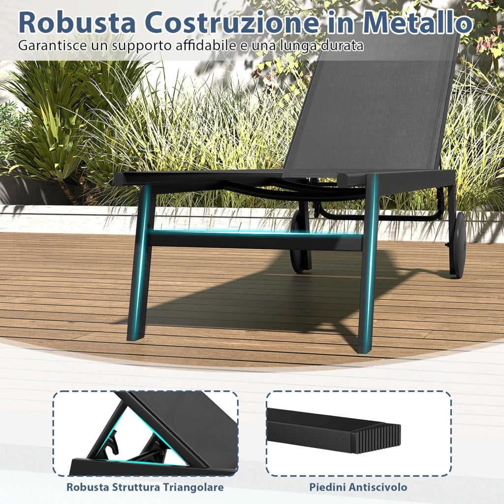 Lettino Prendisole da Giardino, Sdraio da Patio con Schienale Regolabile a 6 Posizioni, Tessuto Traspirante, 2 Ruote, per Piscina, Terrazza e Giardino, Portata 150 kg (Grigio,1)