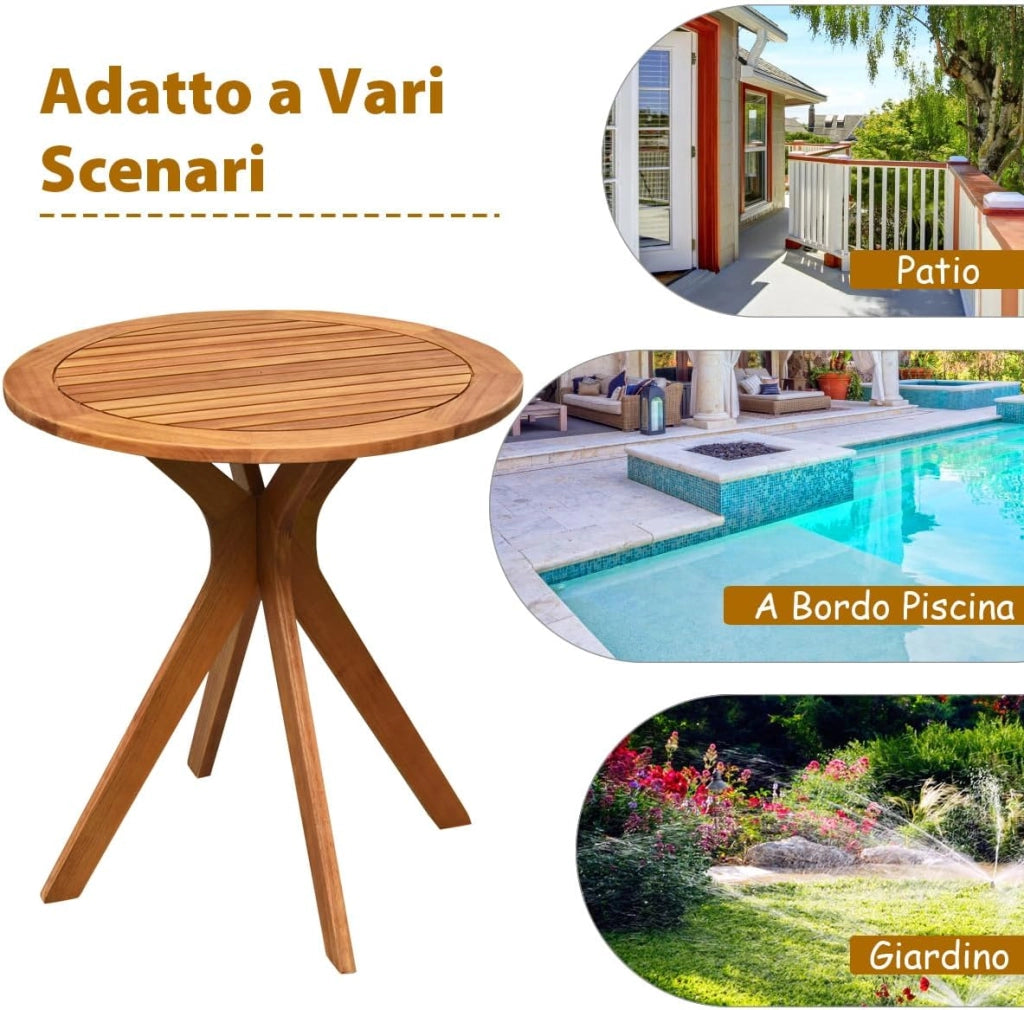 Tavolino Laterale da Giardino in Legno per Esterni, Tavolo Rotondo da 70 cm con Base a X, Tavolino da Caffè per Giardino, Cortile, Patio, Soggiorno, Portata 50 kg
