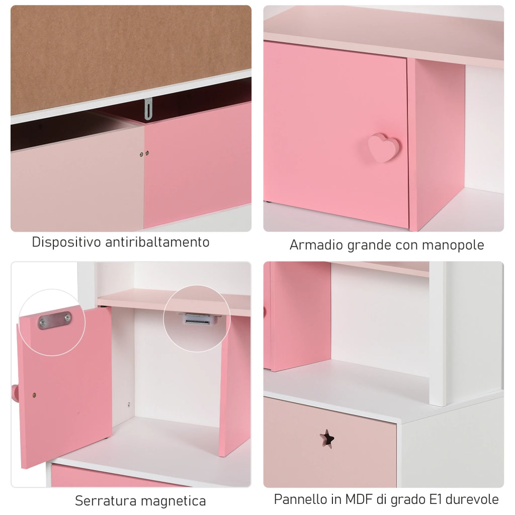 Libreria Scaffale Portagiochi Rosa per Cameretta Bimbi e Ragazzi con 2 Cassetti Estraibili, 80 x 34 x 130 cm
