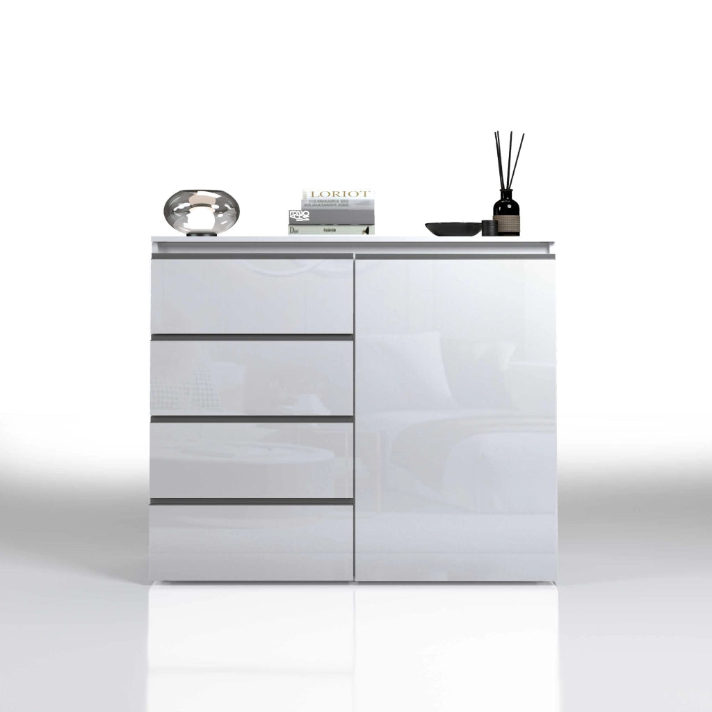 WHOUS Credenza a cassettiera Magic 1 anta e 3 cassetti bianco lucido 120x40x105 cm