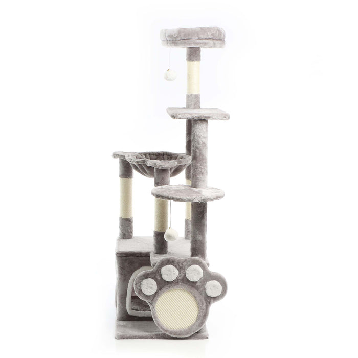 Fudajo Albero tiragraffi grigio con zampa 135cm Con sisal e casetta Cuccia per gatti Nicchia