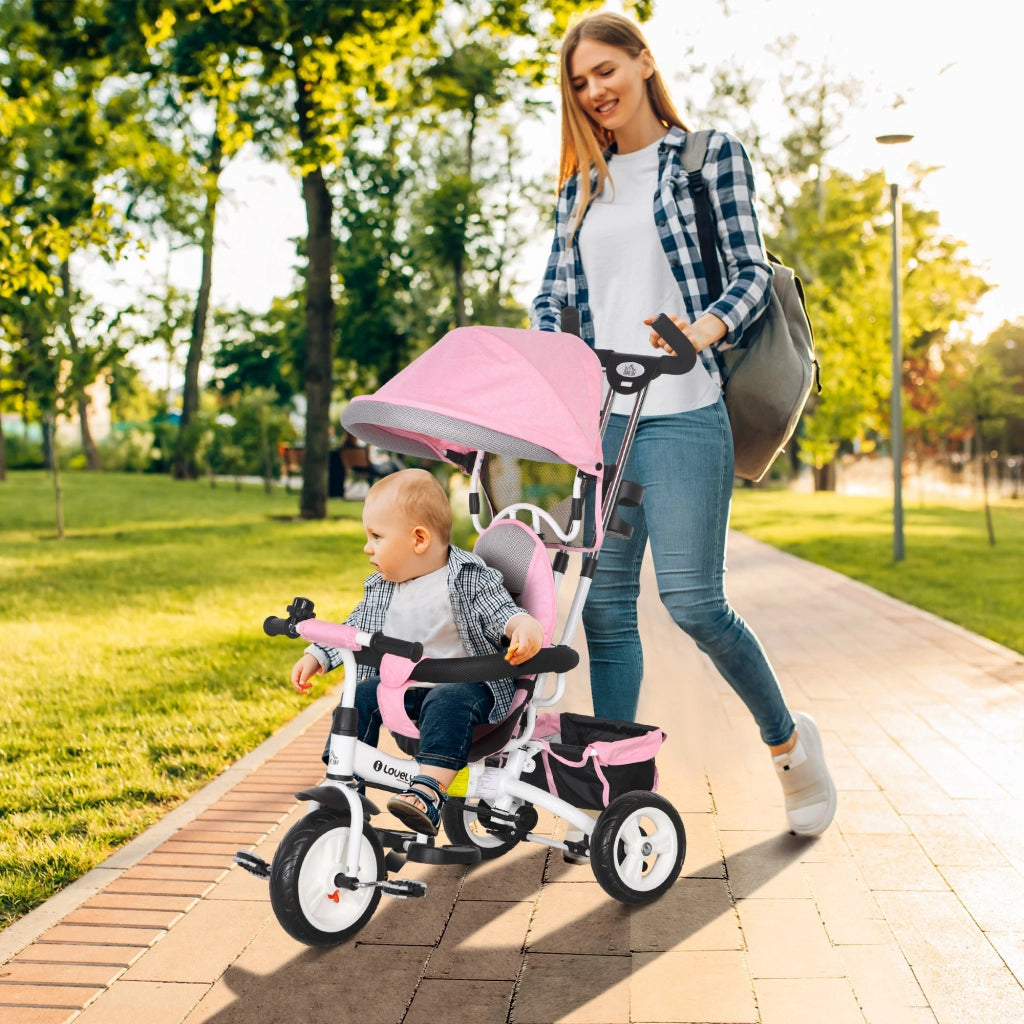 Triciclo Passeggino per Bambini con Maniglione 95x50x106 cm con Cintura di Sicurezza Rosa