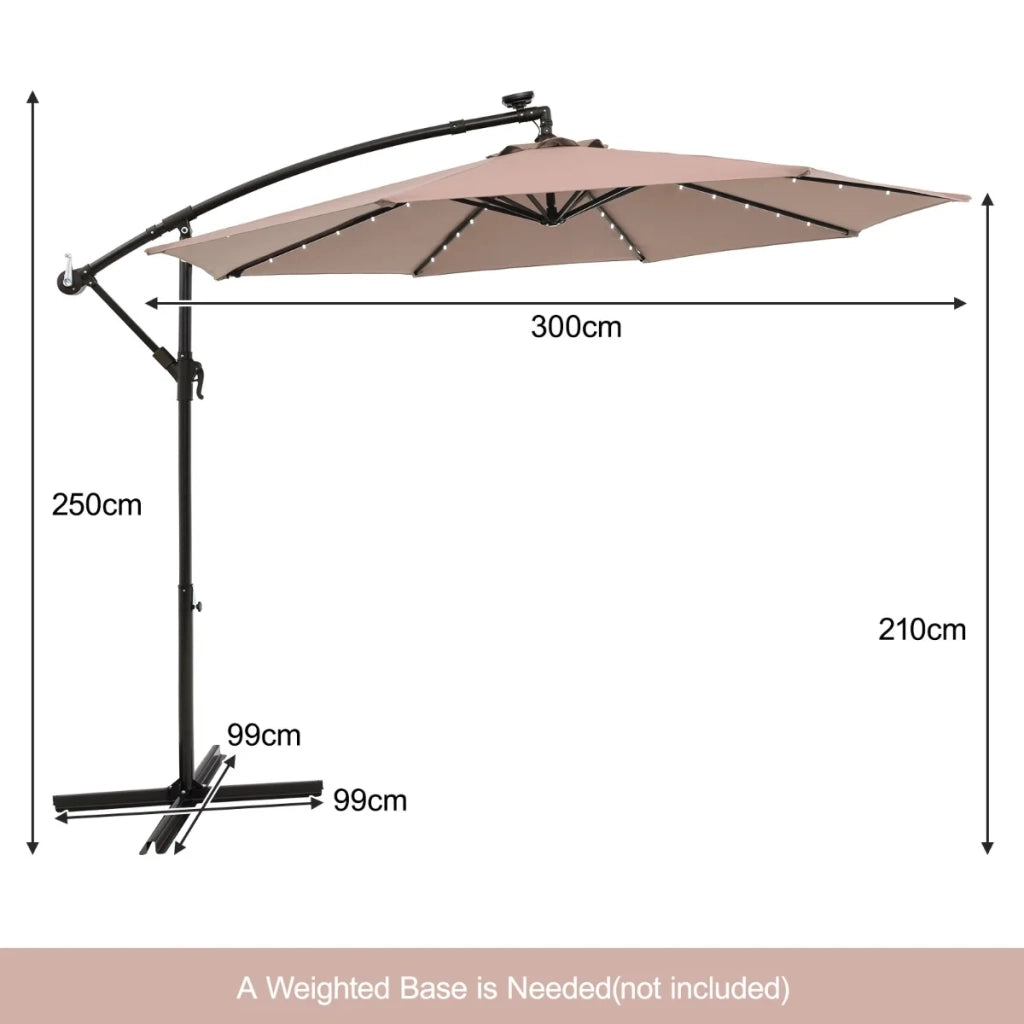 3m Solar Patio Offset Umbrella Adjustable with 40 LED and Cross Base Stand-Brown