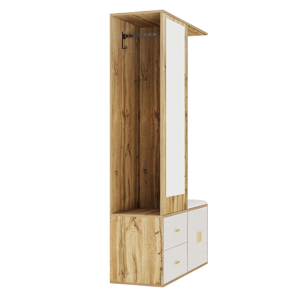 Armadio guardaroba completo - Xylo - Bianco e legno - Specchio, scarpiere, panca e appendiabiti scorrevole