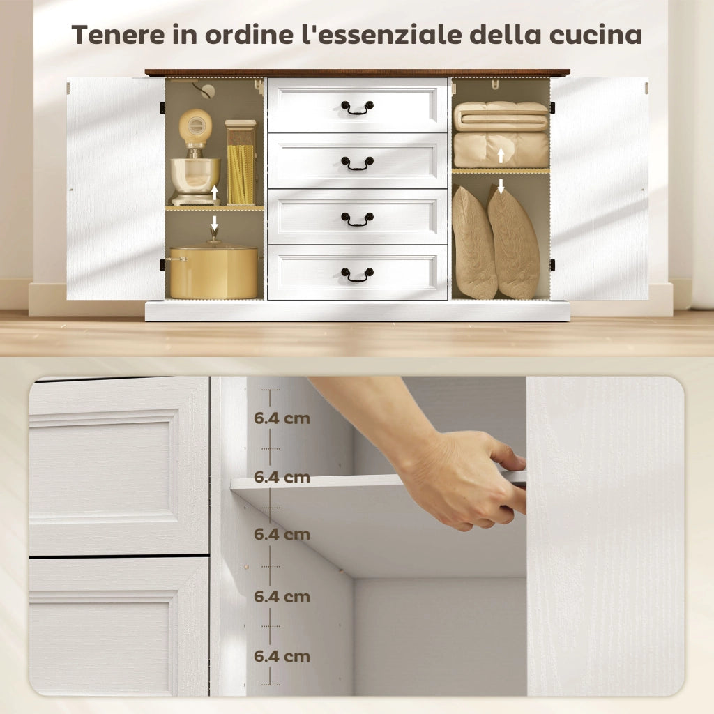 Credenza da Cucina Stile Vintage 147x40x87 cm con 4 Cassetti e 2 Armadietti con Mensole Regolabili Legno Bianco